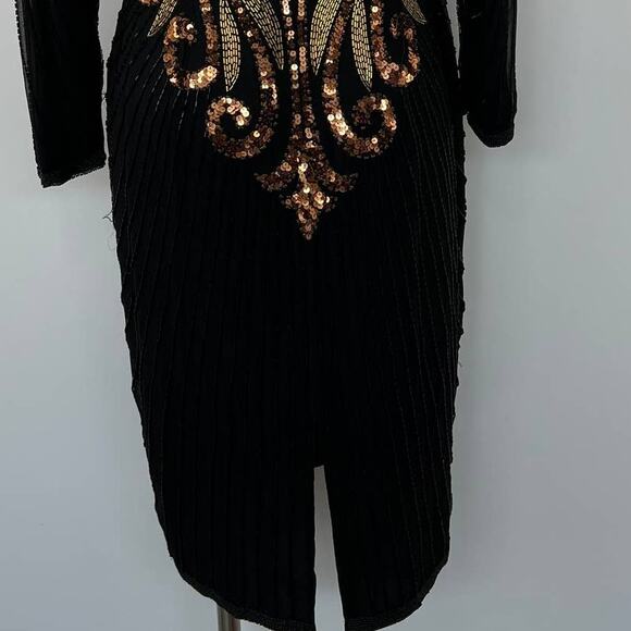 Cache Vintage Silk Fully Beaded Sequin Black Mini Dress Long Sleeve S/M - Picture 9 of 10